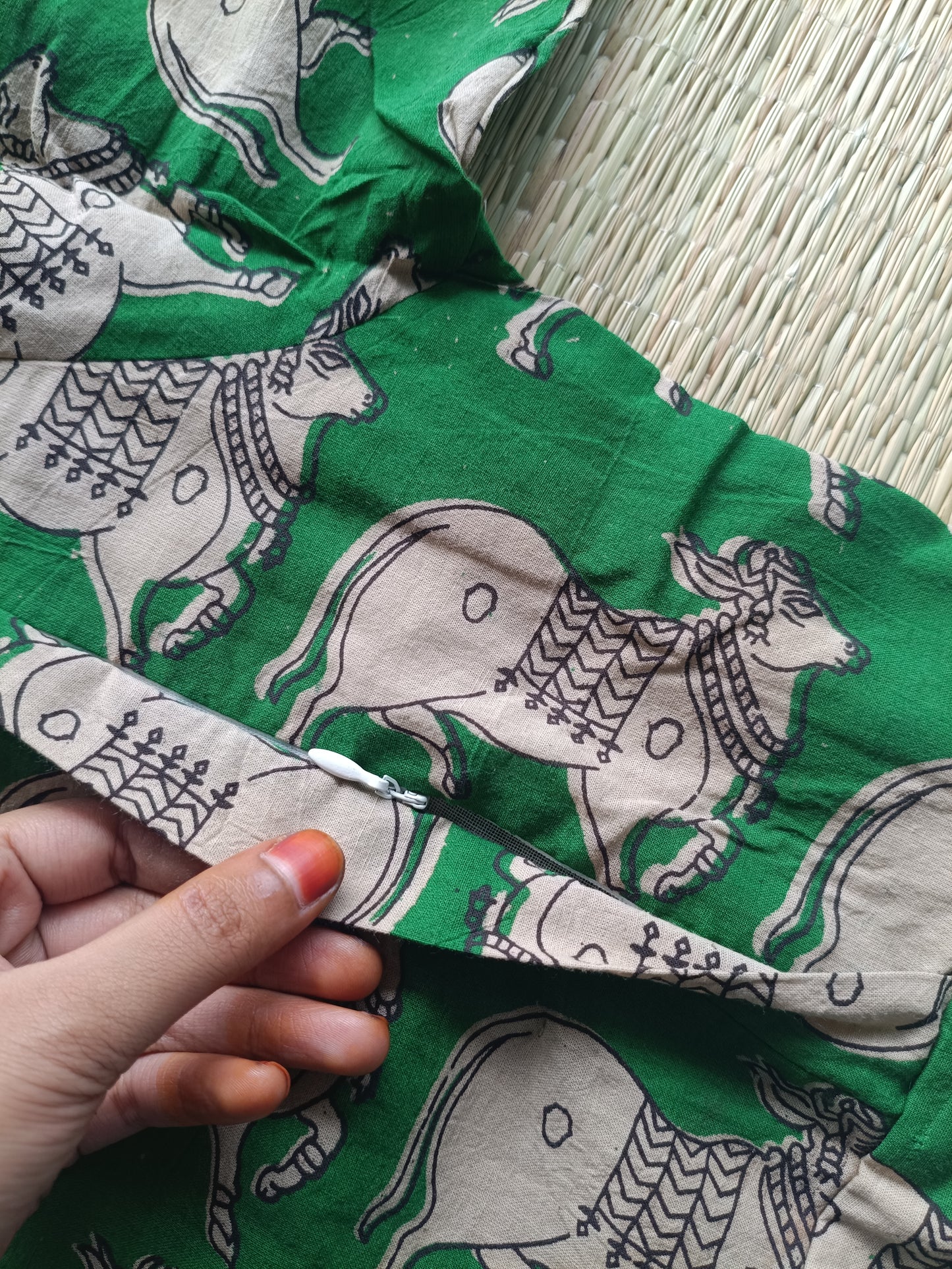 Block printed kalamkari cotton Maternity 2 pc chudidhar set [ Top with double side zip, and dupatta -  Green pichwai