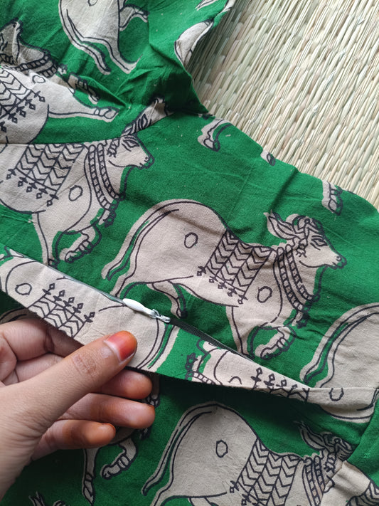 Block printed kalamkari cotton Maternity 2 pc chudidhar set [ Top with double side zip, and dupatta -  Green pichwai