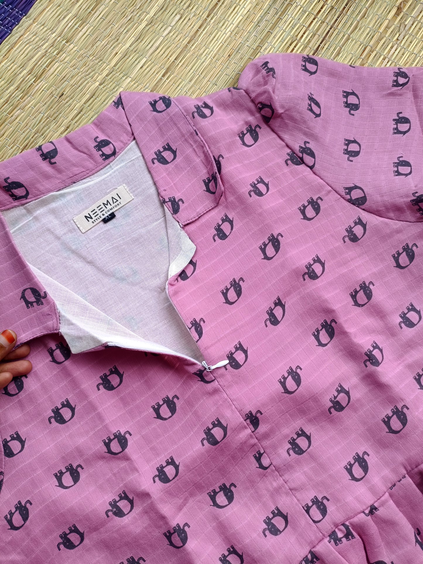 Premium Muslin - Feeding/ Maternity Maxi/Gown - Cotton lining /Center zip -Collar pink and black elephant