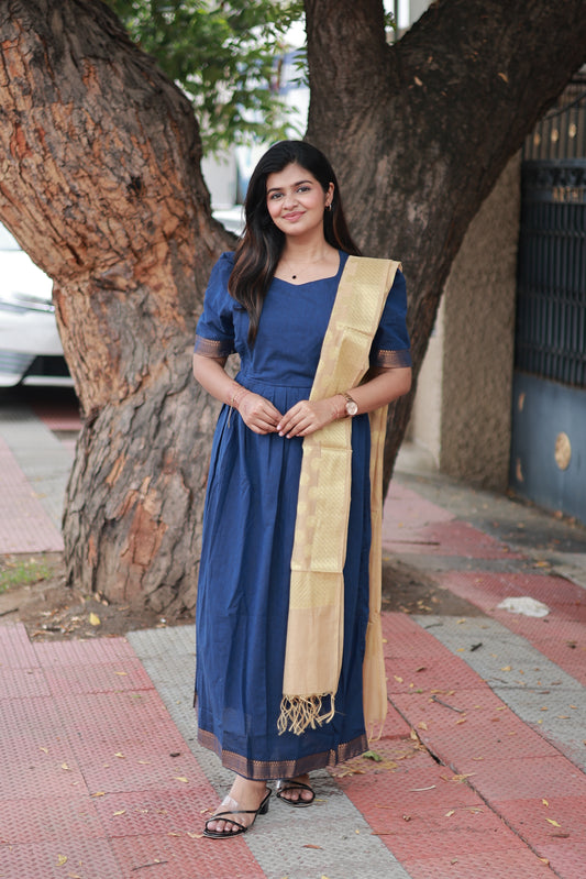 Chettinad Cotton -2 pc set -Maternity Maxi/Gown - Festival Collection -Full cotton lining- Double side zip with dupatta- Navy blue And Sandal