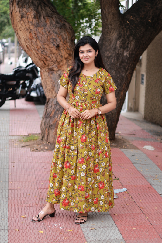 Kalamkari Cotton Maternity Feeding Gown / maxi / Double side zip- small light green flower