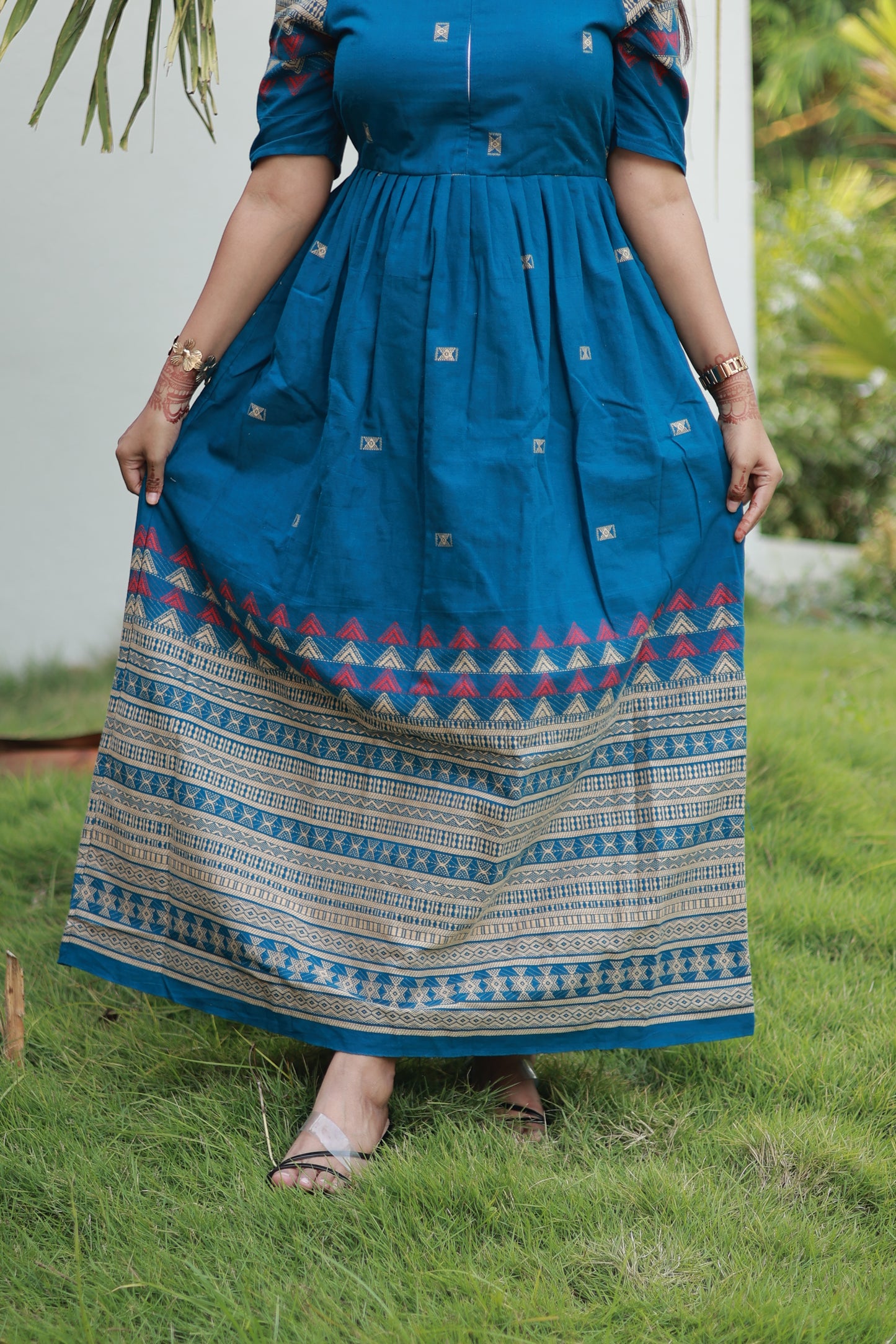 Handloom Jamdani - Maternity / Feeding - Maxi/Gown - Cotton Lining - Center Zip-Blue
