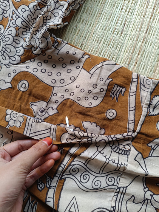 Block printed kalamkari cotton Maternity 2 pc chudidhar set [ Top with double side zip, and dupatta - Brown Deer