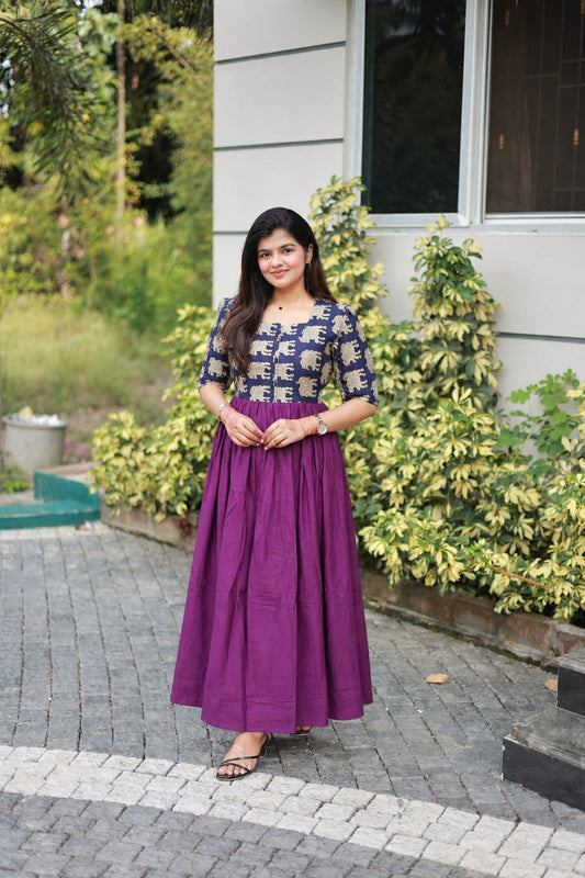 Cotton / Raw silk Maternity Maxi/Gown in center zip - Festival Collection- Full cotton lining - Violet with navy pichwai