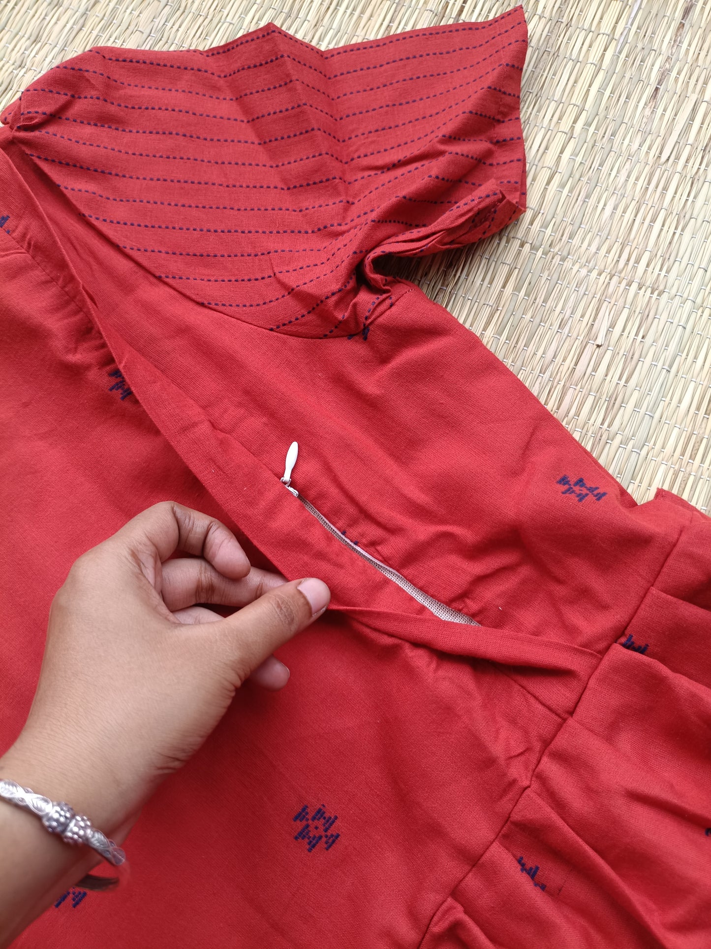 Handloom Cotton Maternity Feeding Gown/ maxi/  Double Side Zip- Red with blue butta
