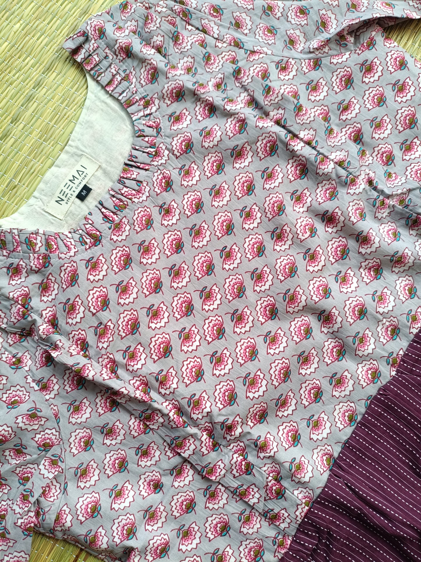 Cotton Maternity/Feeding Midi/Gown - Flower plum (Chest part lining )