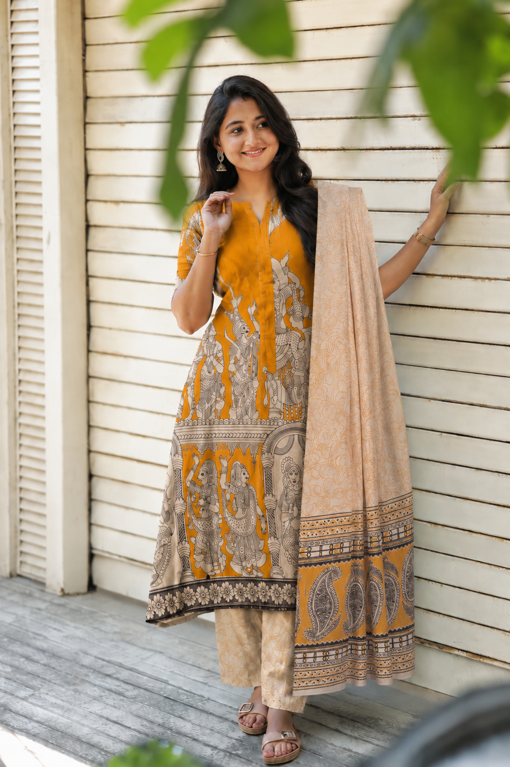 Block printed kalamkari cotton Maternity 3 pc chudidhar set [ Top with center zip, Pant and dupatta - Yellow ( A line kurti -No side open)