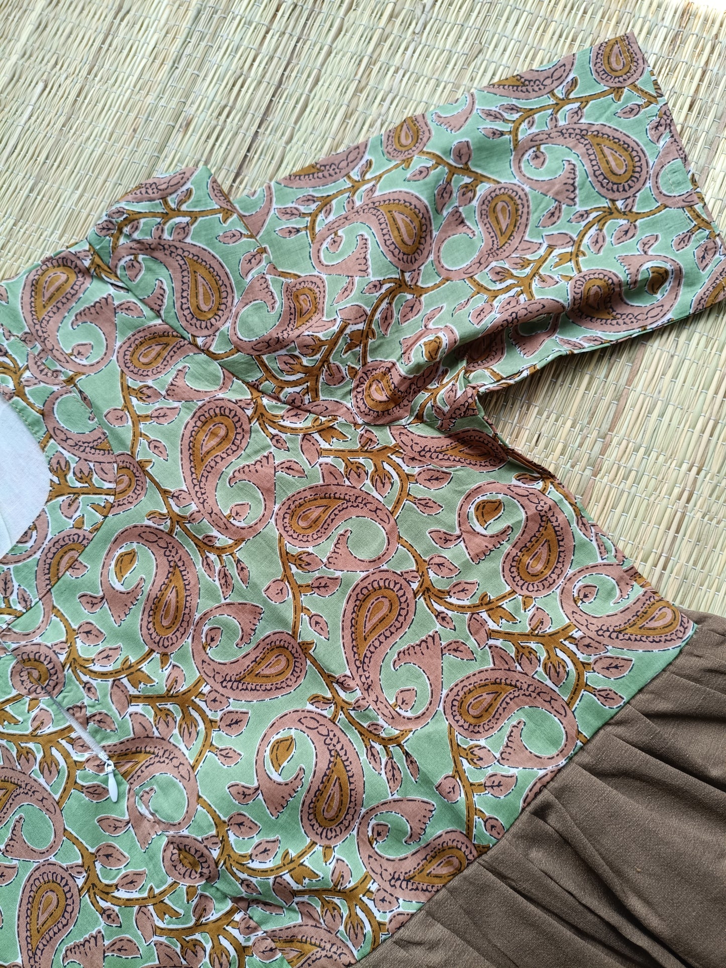 Cotton / Raw silk Maternity Maxi/Gown in center zip - Festival Collection- Full cotton lining -Brown with Light green