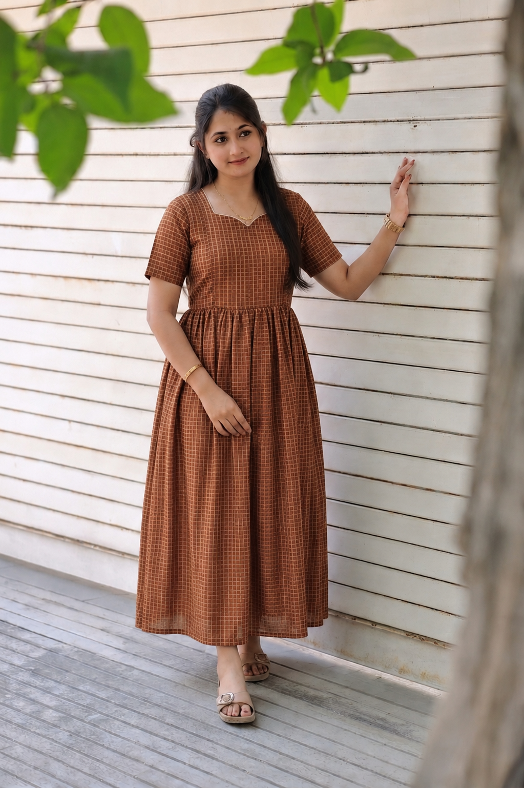 Raw silk Maternity Maxi/Gown - Festival Collection - Coffee brown chettinad checks
