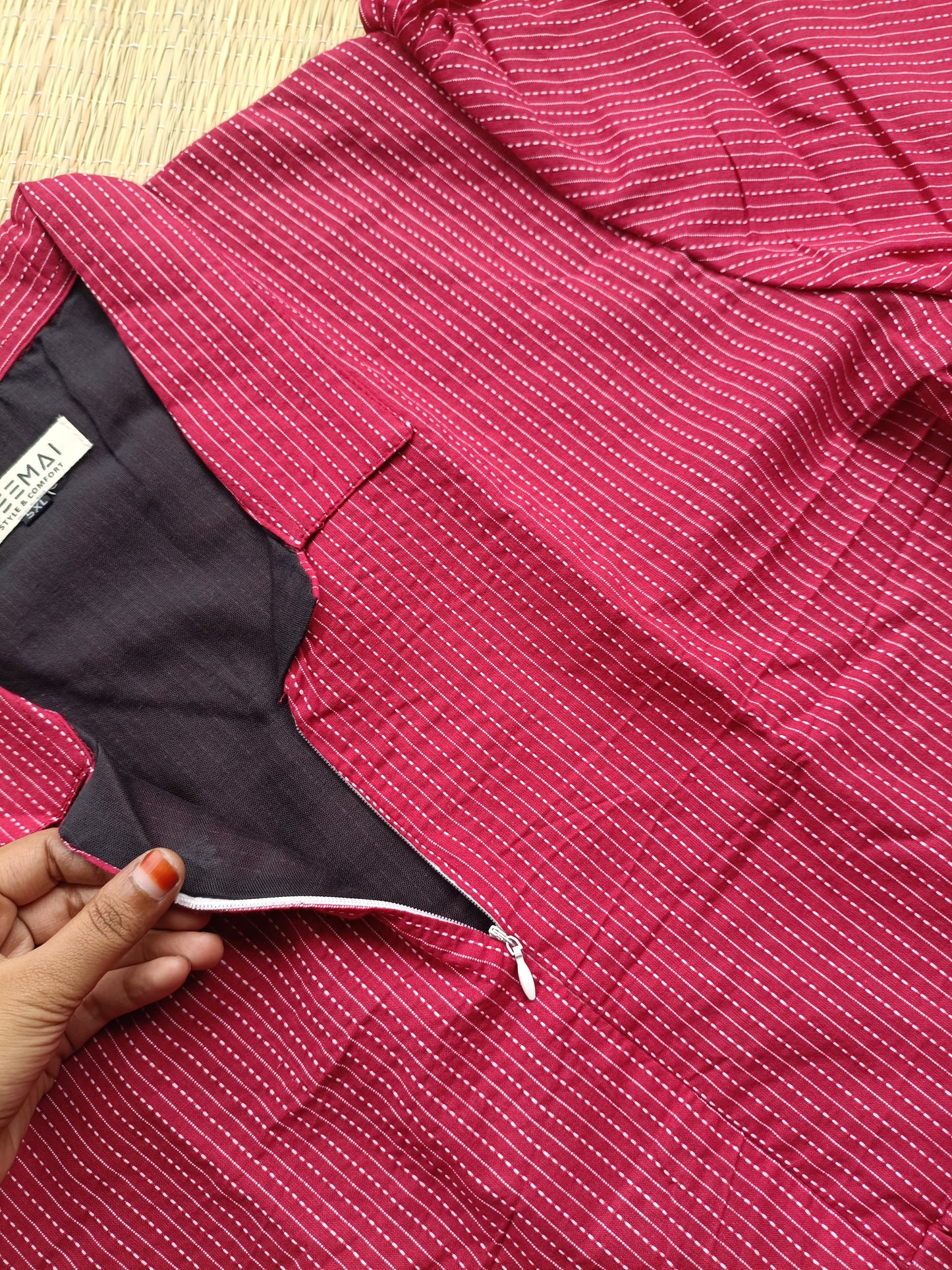 Prewashed handloom Cotton - Feeding/ Maternity Maxi/Gown - Cotton lining /Center zip -Collar Red stripe