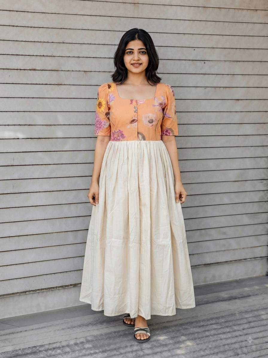 Raw silk Maternity Maxi/Gown in center zip - Festival Collection- Full cotton lining - Half white with orange flower