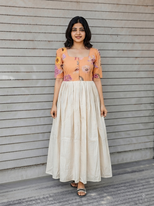 Raw silk Maternity Maxi/Gown in center zip - Festival Collection- Full cotton lining - Half white with orange flower