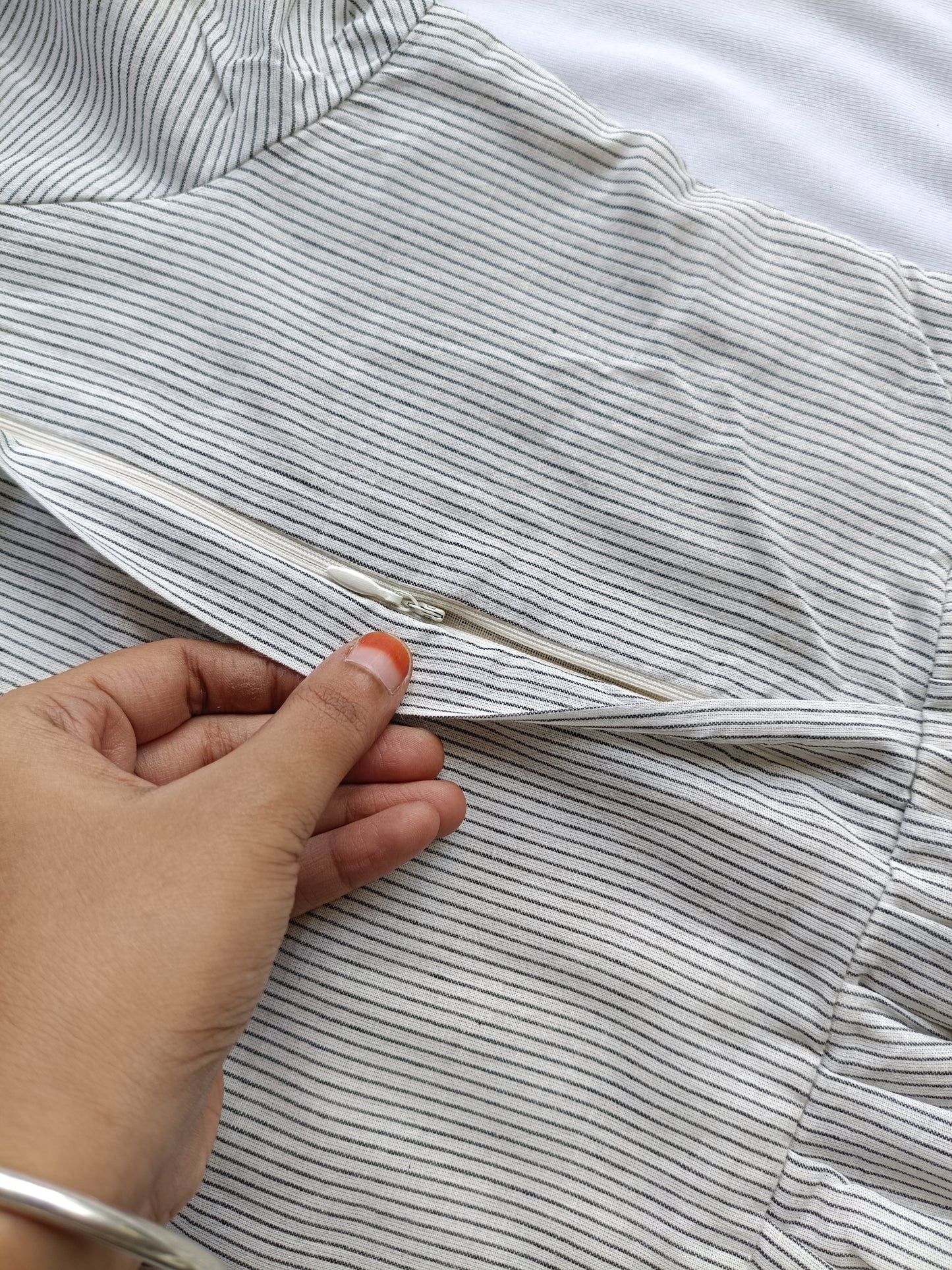 Cotton - Feeding/ Maternity Maxi/Gown - Cotton lining /Double side zip -  White  Stripe