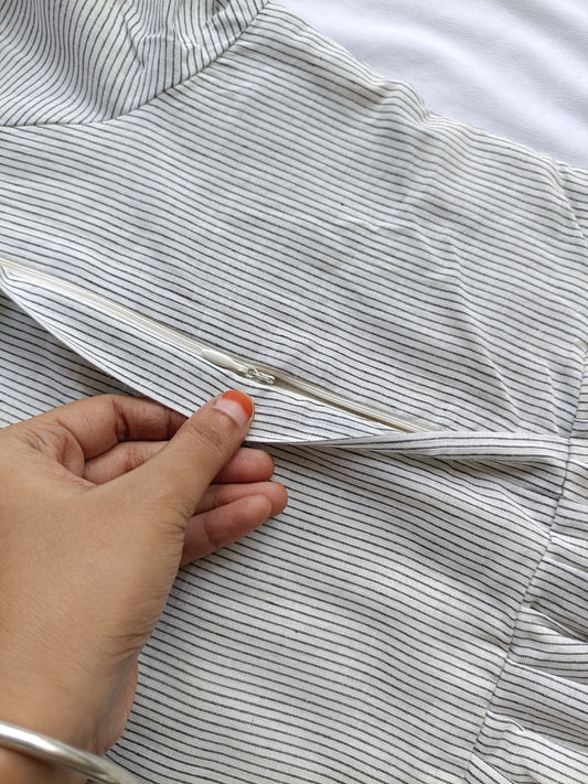 Cotton - Feeding/ Maternity Maxi/Gown - Cotton lining /Double side zip -  White  Stripe