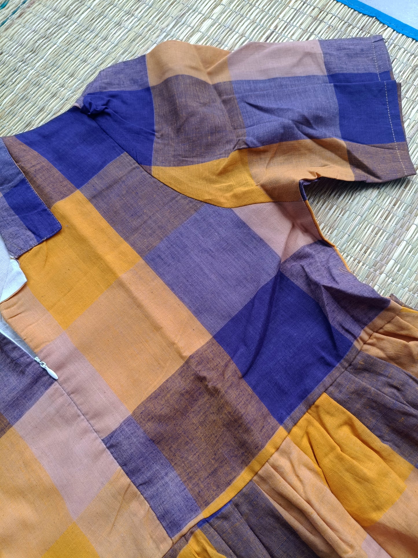 Madras checks Cotton - Feeding/ Maternity Maxi/Gown - Cotton lining /Center zip -Collar Yellow and blue