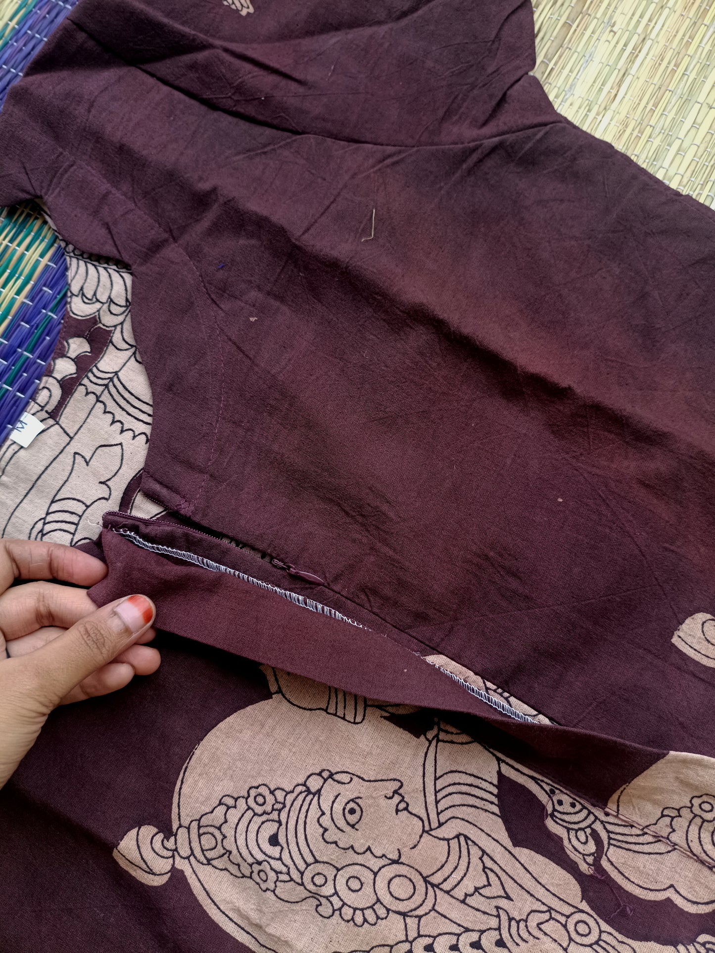 Block printed kalamkari cotton Maternity 3 pc chudidhar set [ Top with center zip, Pant and dupatta - Brown ( A line kurti -No side open)