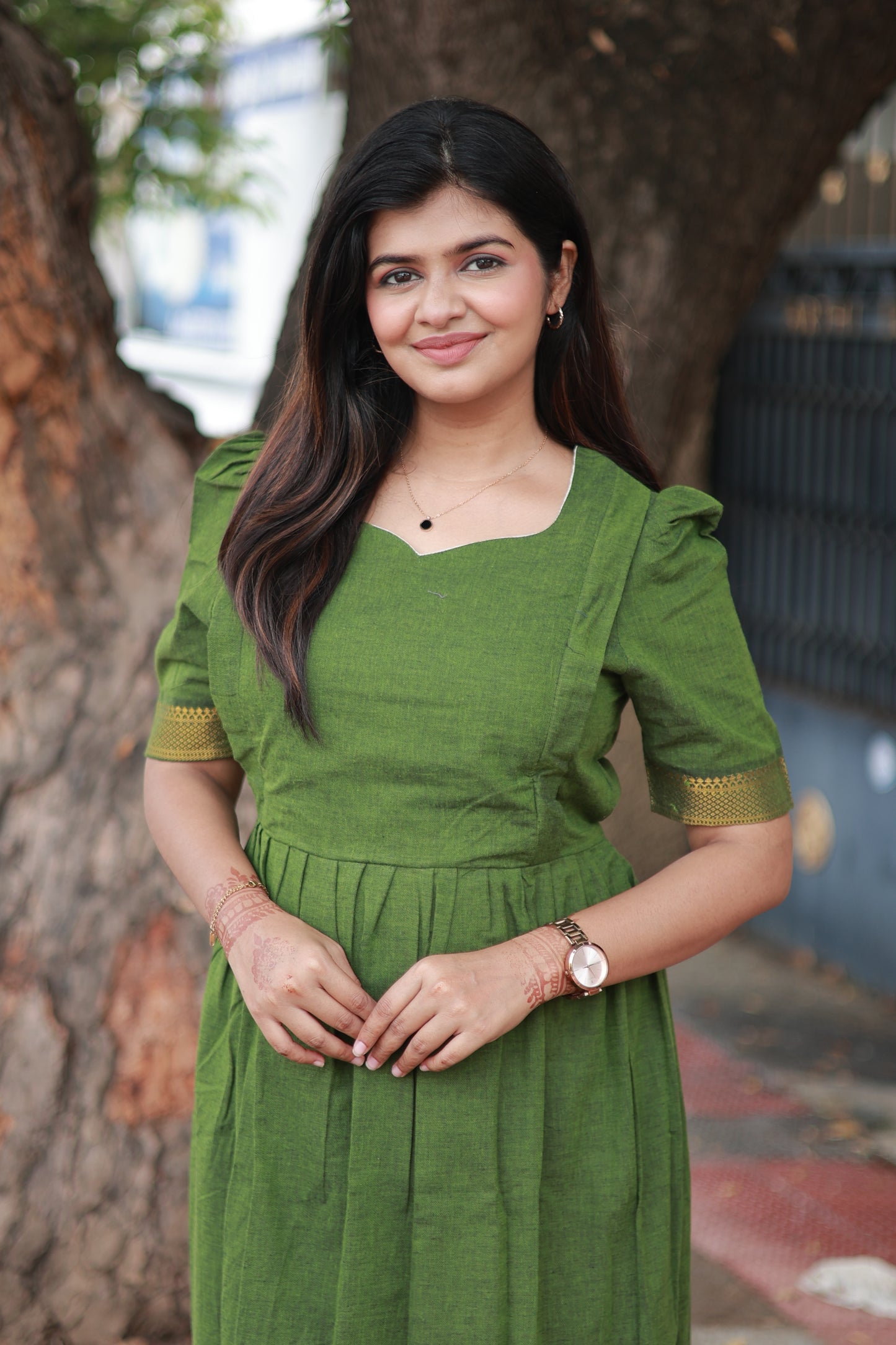 Chettinad Cotton -2 pc set -Maternity Maxi/Gown - Festival Collection -Full cotton lining- Double side zip with dupatta-Green with sandal
