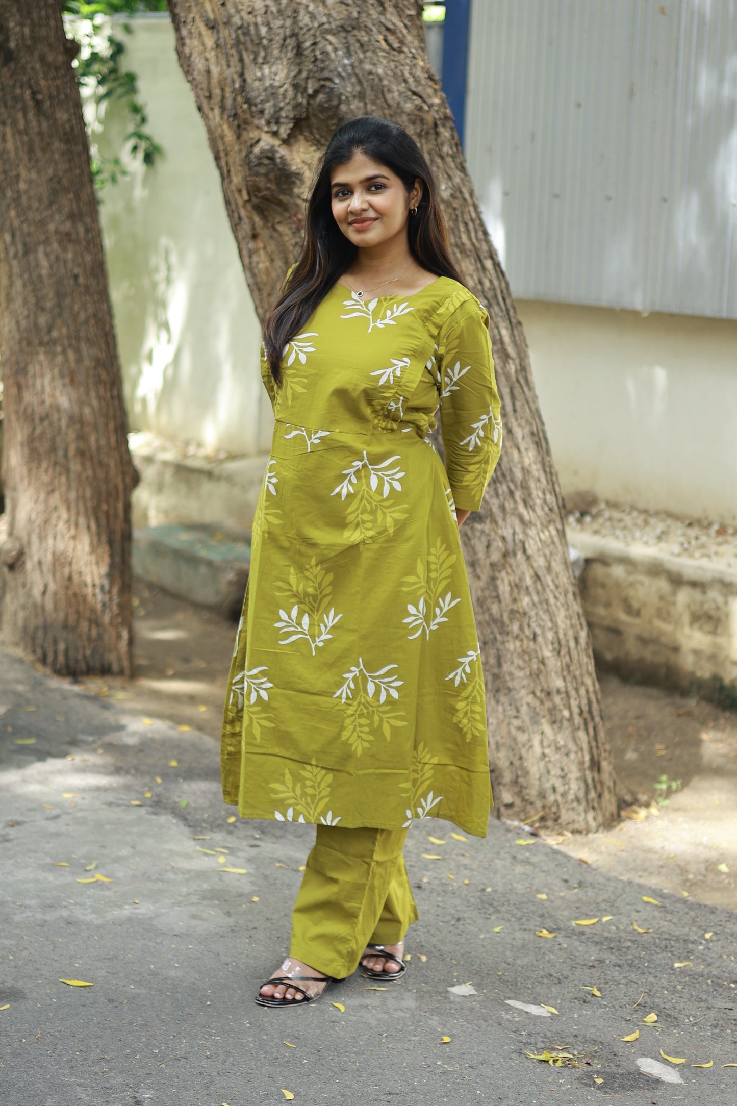 Cotton /Maternity 3 pc chudidhar set [ A line Top with double side zip, pant and dupatta] -Olive green ( No side open top)