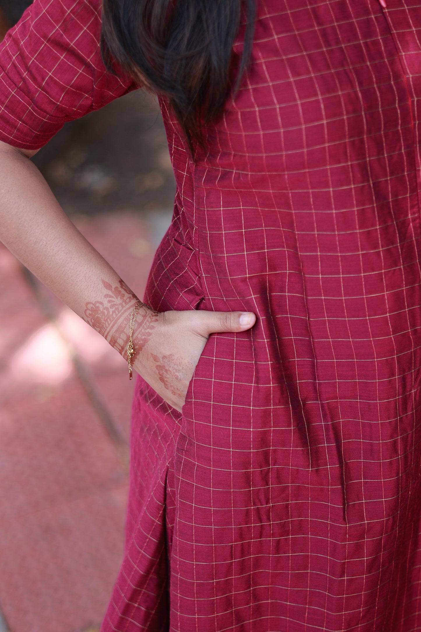 Raw silk Maternity 3 pc chudidhar set [ A line Top with center side zip,  Pant and dupatta - Pink checks (No Side open top)