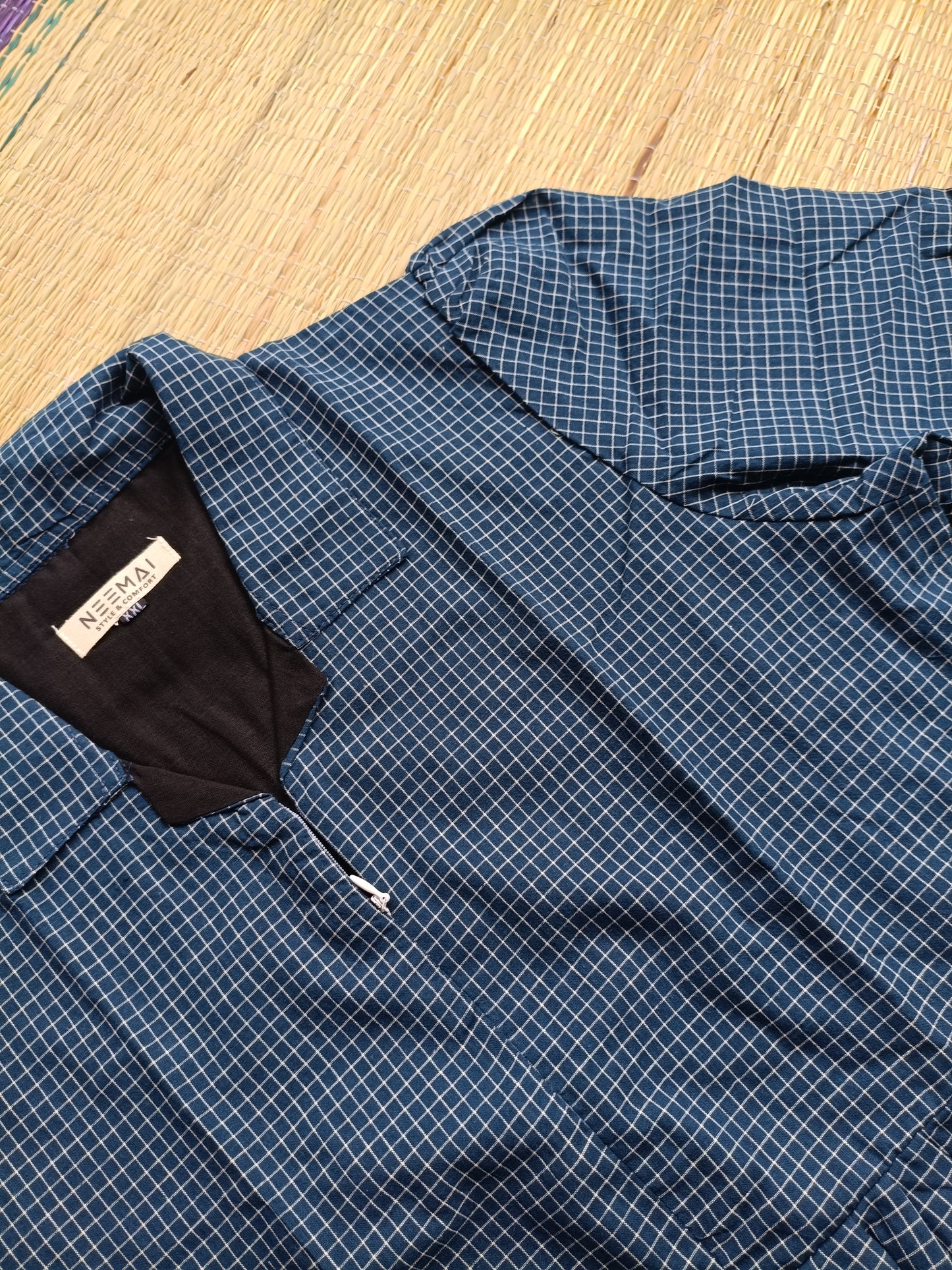 Prewashed handloom Cotton - Feeding/ Maternity Maxi/Gown - Cotton lining /Center zip -Collar Small Blue checks