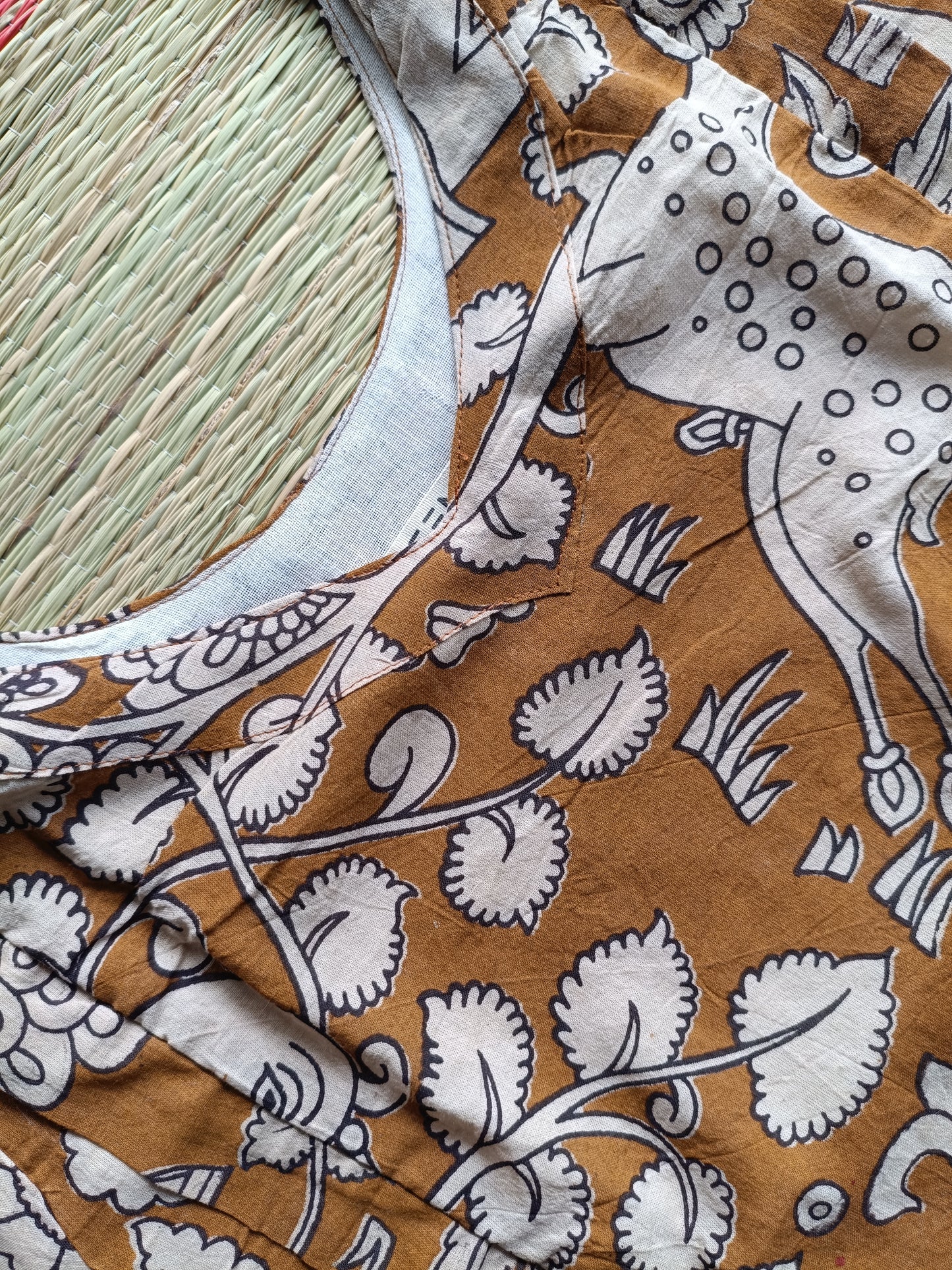 Block printed kalamkari cotton Maternity 2 pc chudidhar set [ Top with double side zip, and dupatta - Brown Deer