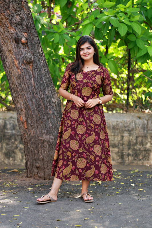 Kalamkari Cotton  A line Maternity Feeding Kurti /Center Zip(Dress length 45 inches)- Violet flower