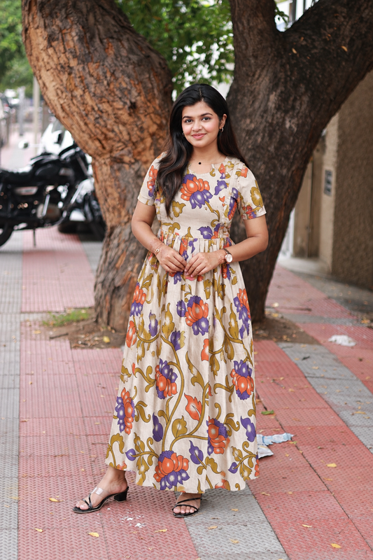 Kalamkari Cotton Maternity Feeding Gown/ Maxi /double side zip– Orange Lotus