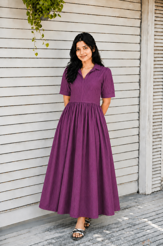 Prewashed handloom Cotton - Feeding/ Maternity Maxi/Gown - Cotton lining /Center zip -Collar Vaadamalli stripe