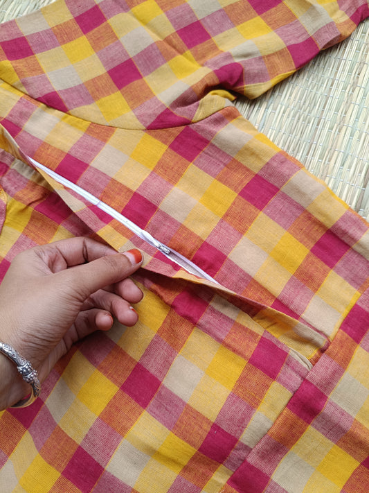 Madras check/ cotton Maternity 2 pc coordset [ Top with double side zip, and Pant - Small Pink and yellow checks