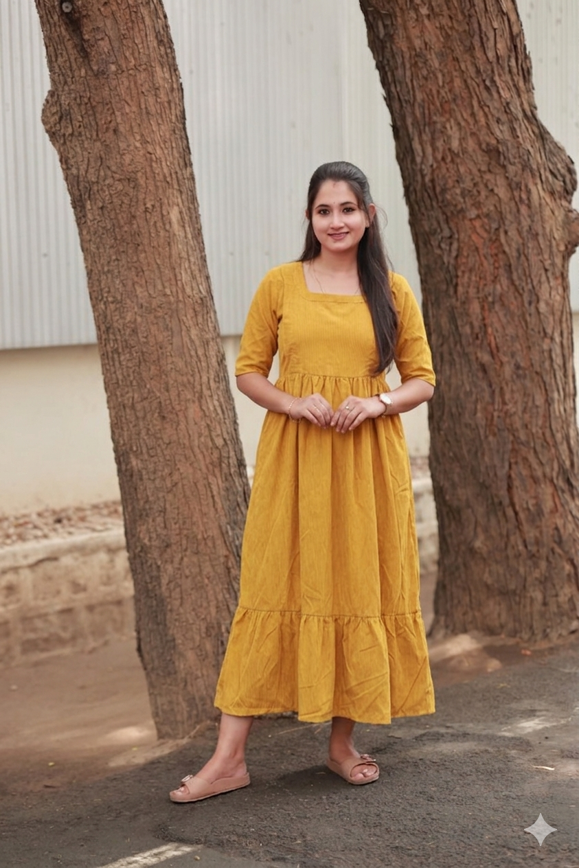 Prewashed Handloom Cotton - Feeding/ Maternity Maxi/Gown - Cotton lining /Double side zip - Yellow Stripe