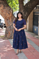 Handloom Cotton Maternity Feeding Gown/ maxi / Double side zip–Navy blue with Red green butta