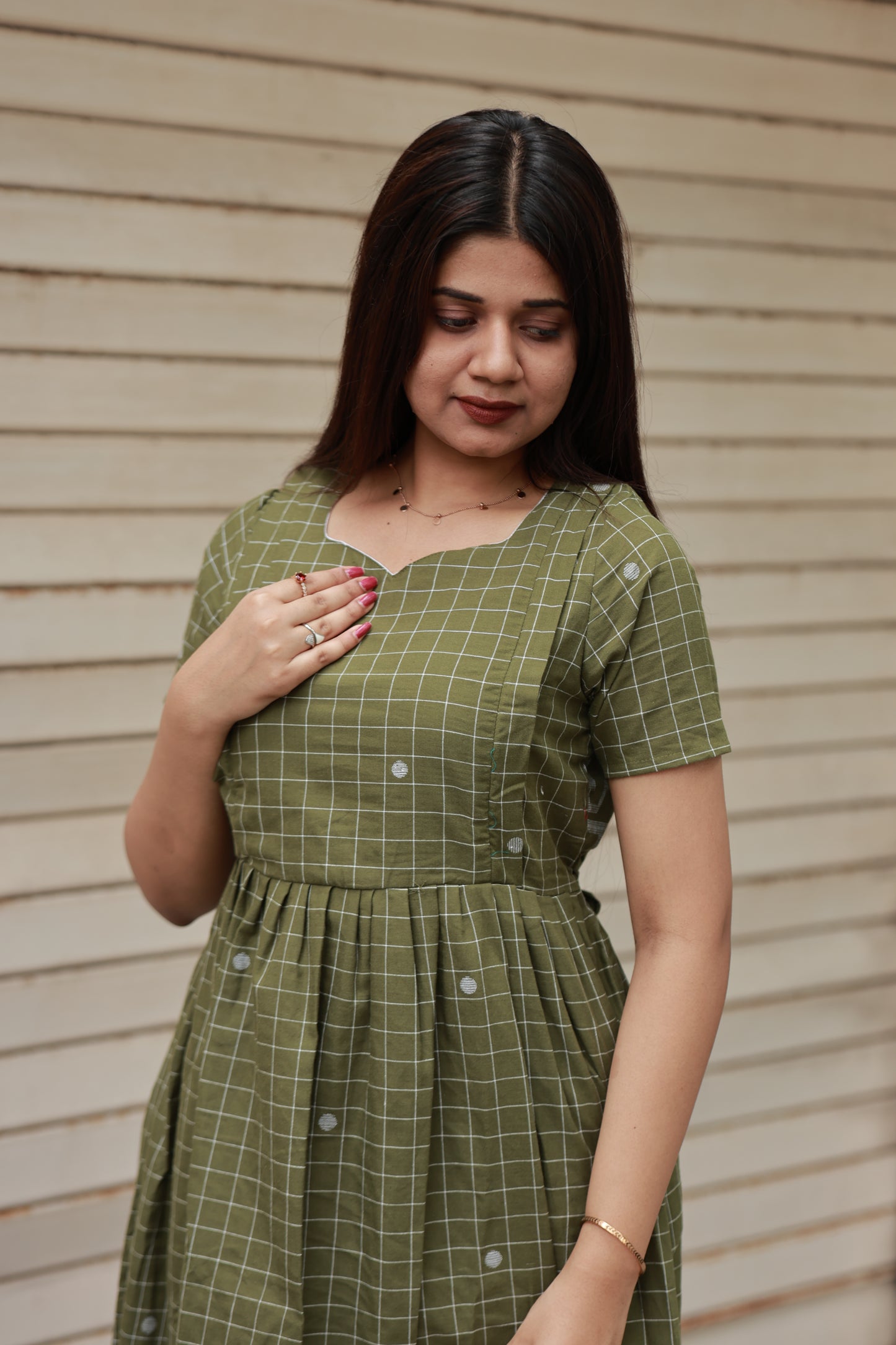 Handloom Jamdani - Maternity / Feeding - Maxi/Gown - Cotton Lining - Double side Zips - Pista Green