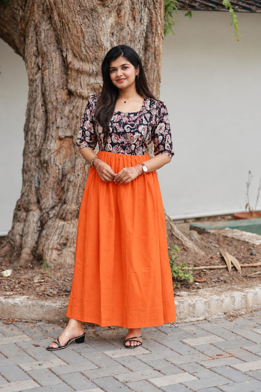 Cotton / Raw silk Maternity Maxi/Gown in center zip - Festival Collection- Full cotton lining - Drum with orange