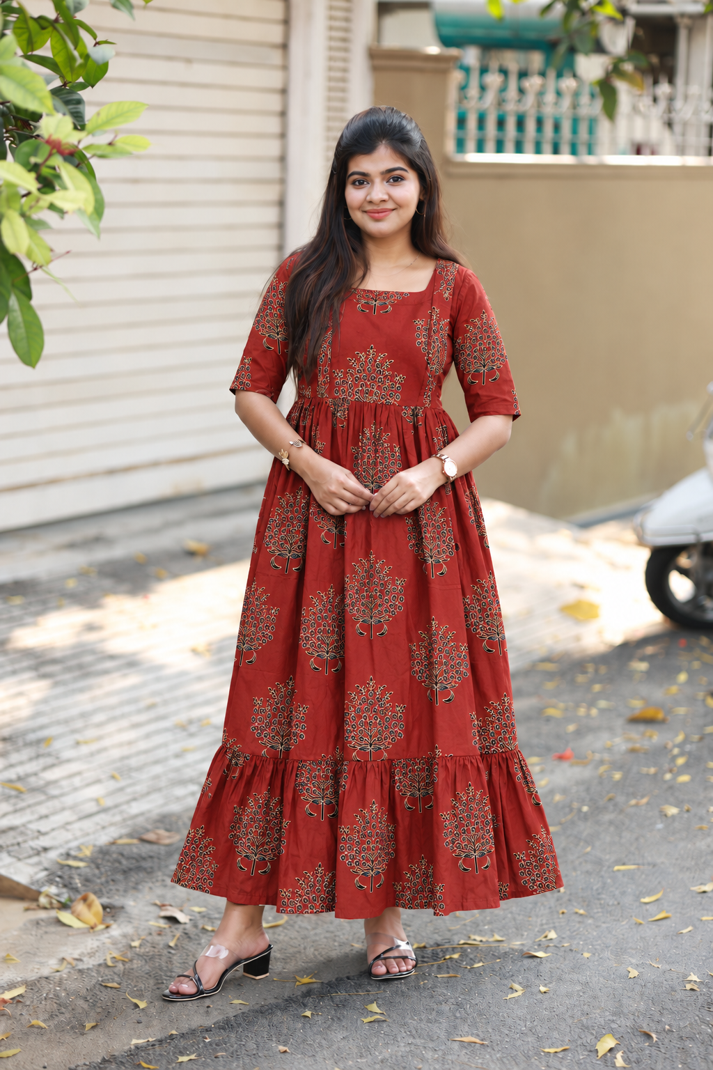 Cotton Maternity Feeding Gown/Maxi /Double Side Zip- Red with black flower