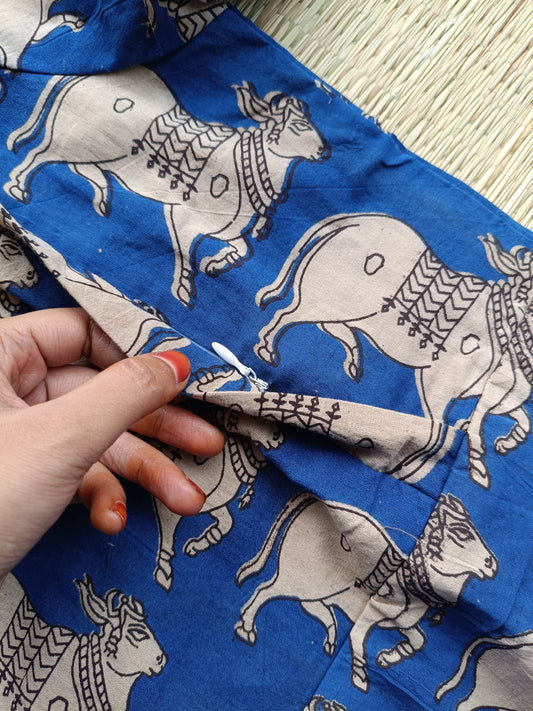 Block printed kalamkari cotton Maternity 2 pc chudidhar set [ Top with double side zip, and dupatta - Blue pichwai