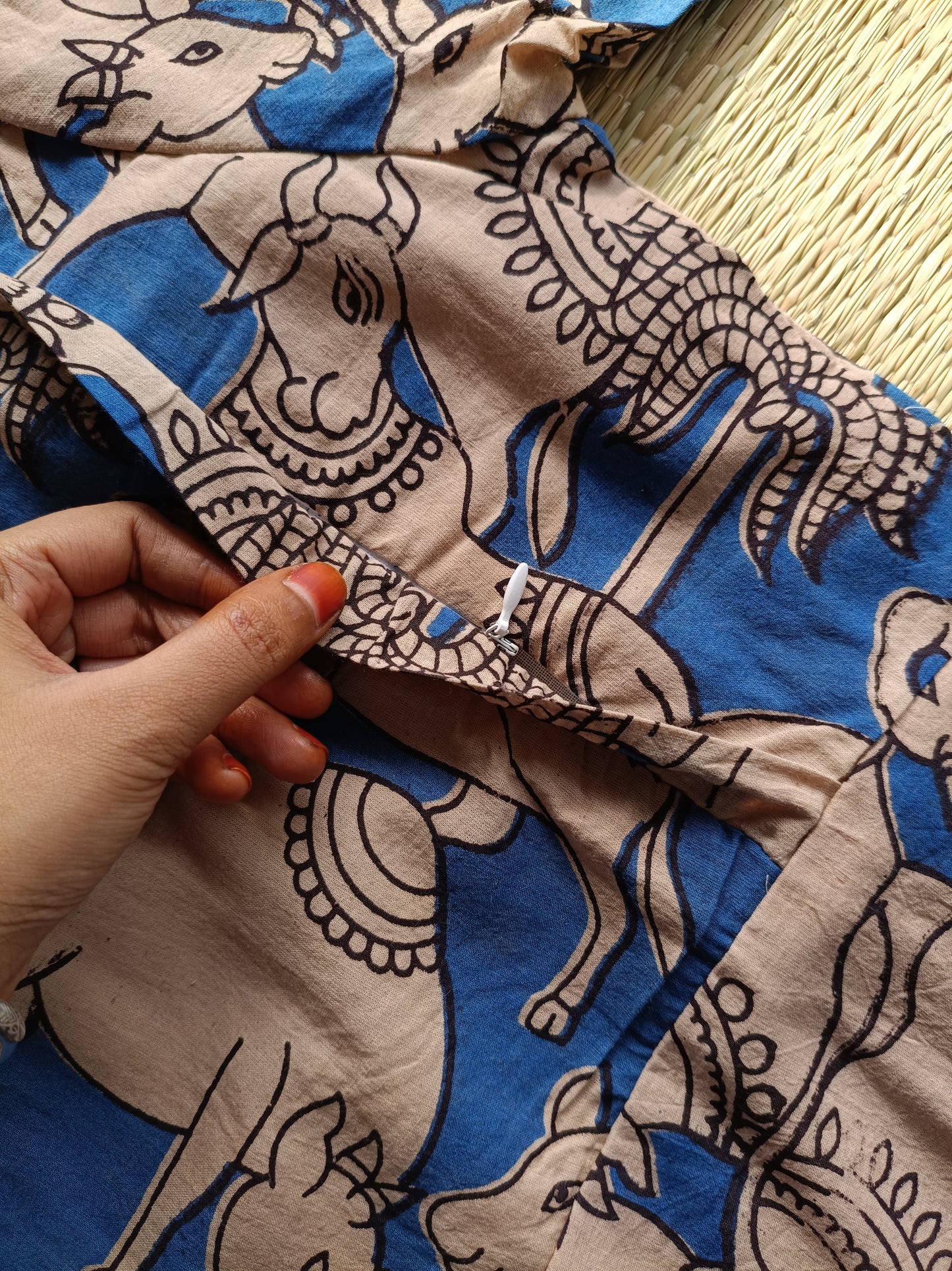Block printed kalamkari cotton Maternity 2 pc chudidhar set [ Top with Double side zip, and dupatta - Sandal pichwai