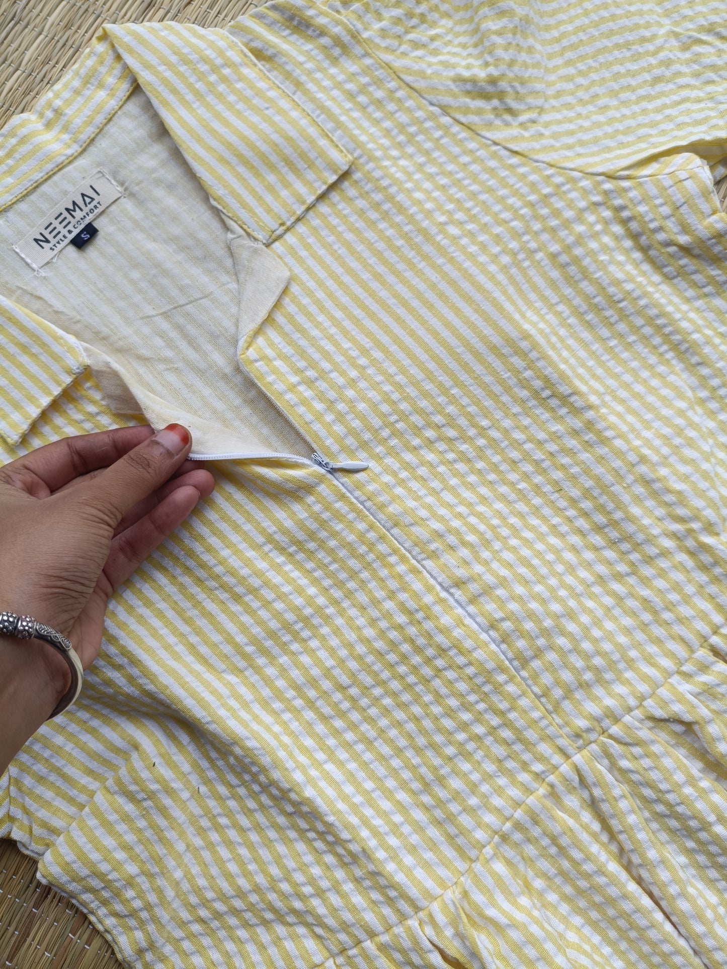 Popcorn Cotton - Feeding/ Maternity Maxi/Gown - Cotton lining /Center zip -Collar White with Yellow stripe