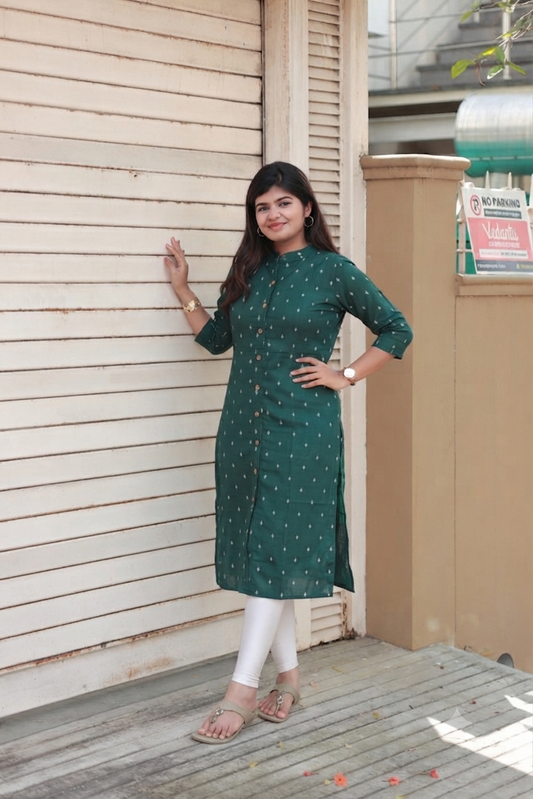 Raw silk Kurti/ Front 4 button operable( optional feeding) -used to Normal wear kurti - Green