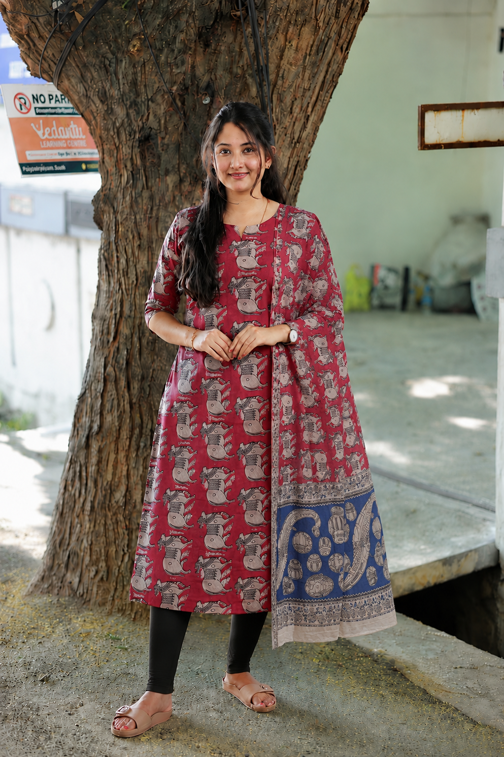 Block printed kalamkari cotton Maternity 2 pc chudidhar set [ Top with double side zip, and dupatta - Red pichwai