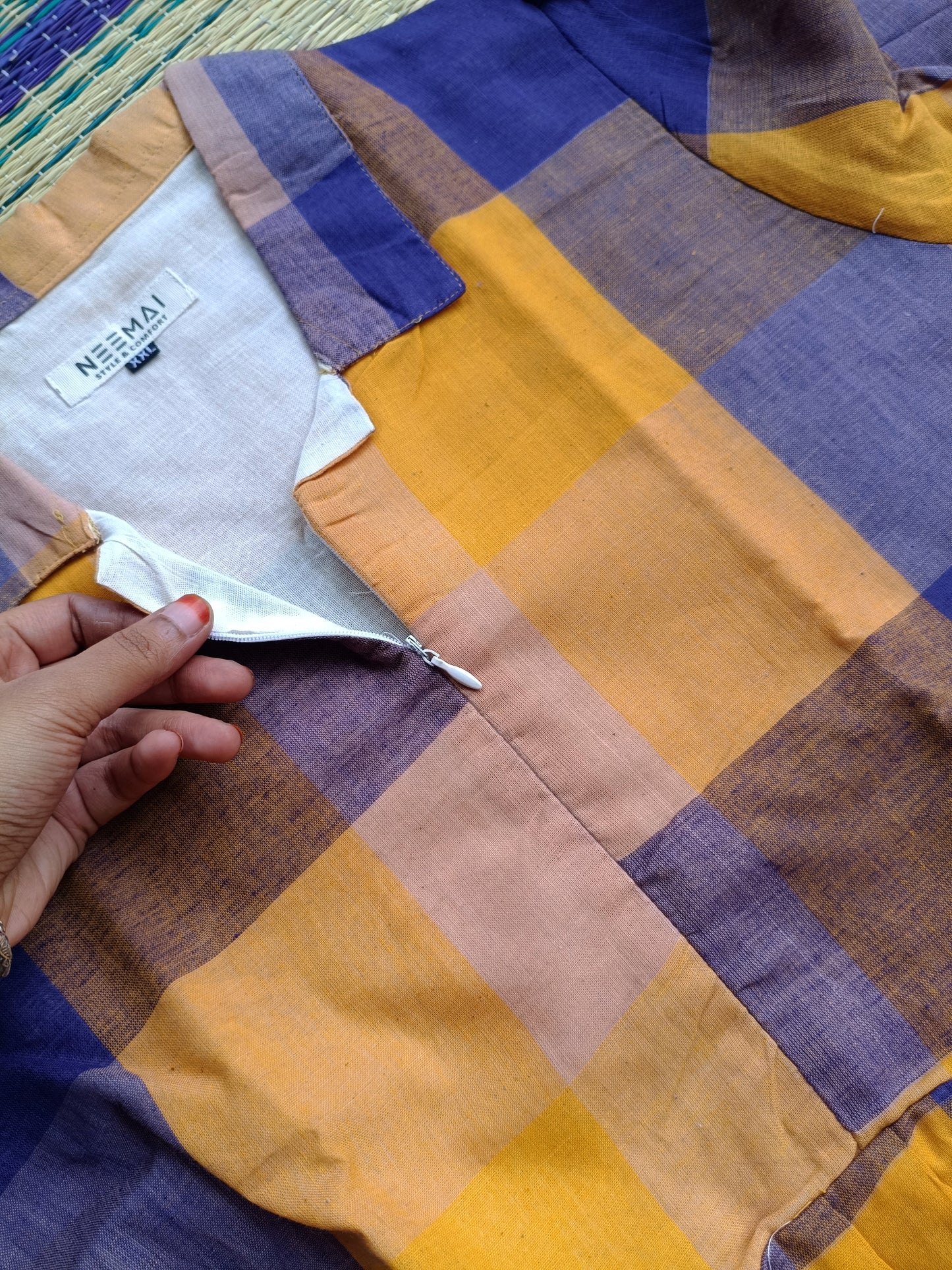 Madras checks Cotton - Feeding/ Maternity Maxi/Gown - Cotton lining /Center zip -Collar Yellow and blue