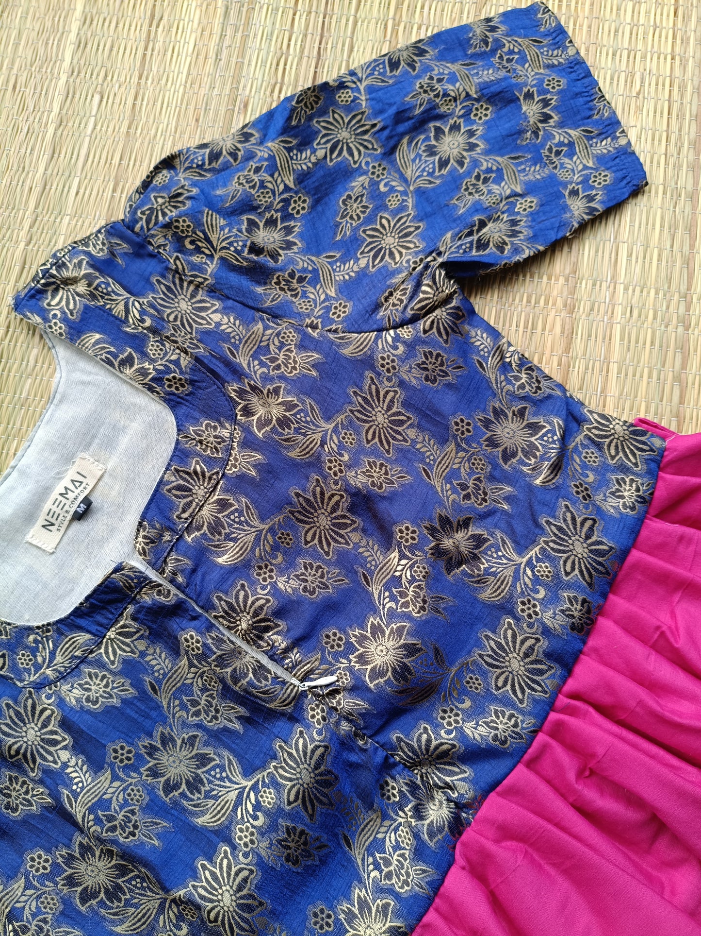 Raw silk Maternity Maxi/Gown in center zip - Festival Collection- Full cotton lining - Blue with pink