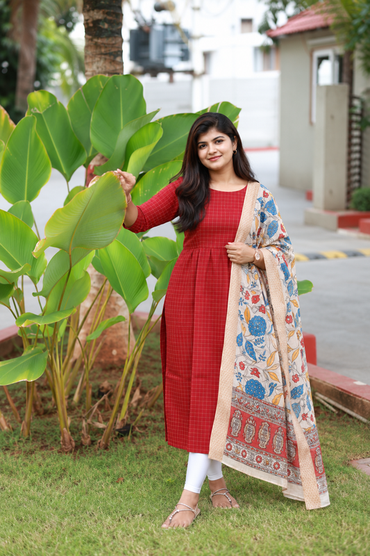 Raw Silk Maternity 2 Pc Chudidhar Set – Red checks/Double side Zip Side Open Top + Dupatta)