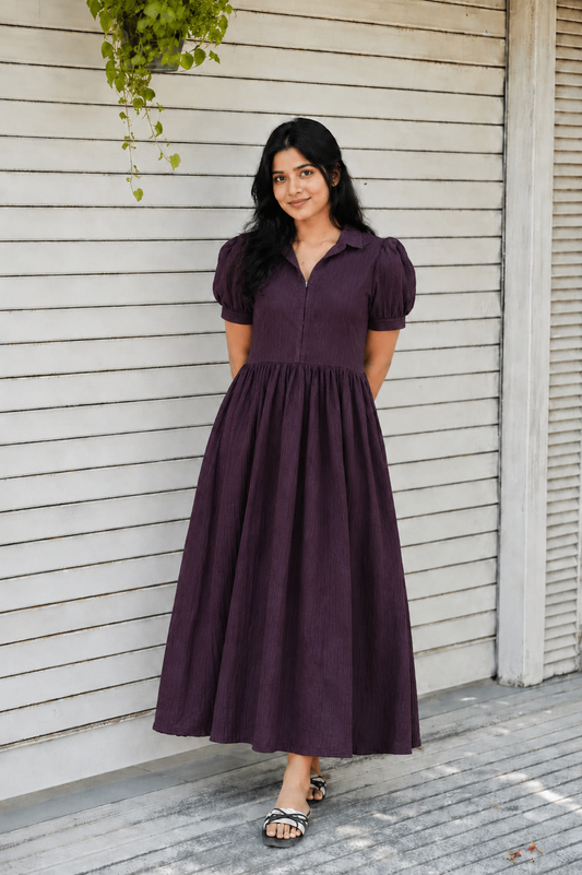 Prewashed handloom Cotton - Feeding/ Maternity Maxi/Gown - Cotton lining /Center zip -Collar  Brown Stripe