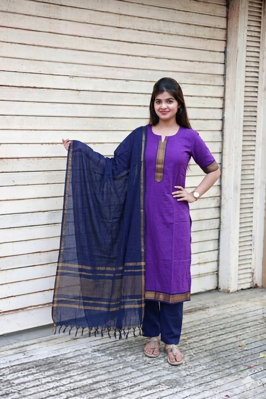 Handloom chetti nadu  cotton Maternity 3 pc chudidhar set [ Top with center zip, pant and dupatta] -  purple
