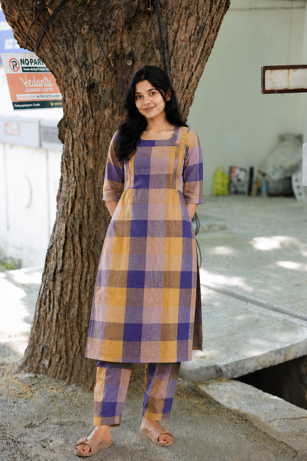 Madras check/ cotton Maternity 2 pc chudidhar set [ Top with double side zip, and Pant - Yellow and Navy blue
