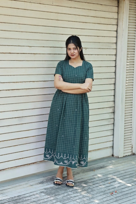 Handloom Jamdani - Maternity / Feeding - Maxi/Gown - Cotton Lining - Double side Zips - Forest green