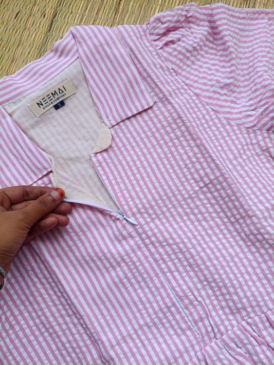 Popcorn Cotton - Feeding/ Maternity Maxi/Gown - Cotton lining /Center zip -Collar White with pink stripe