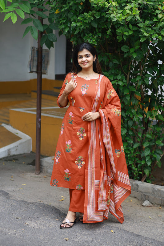 Pure Cotton/Maternity 3 pc chudidhar set [ A line Top with double side zip, pant and dupatta] - Earthy red ( No side open top)