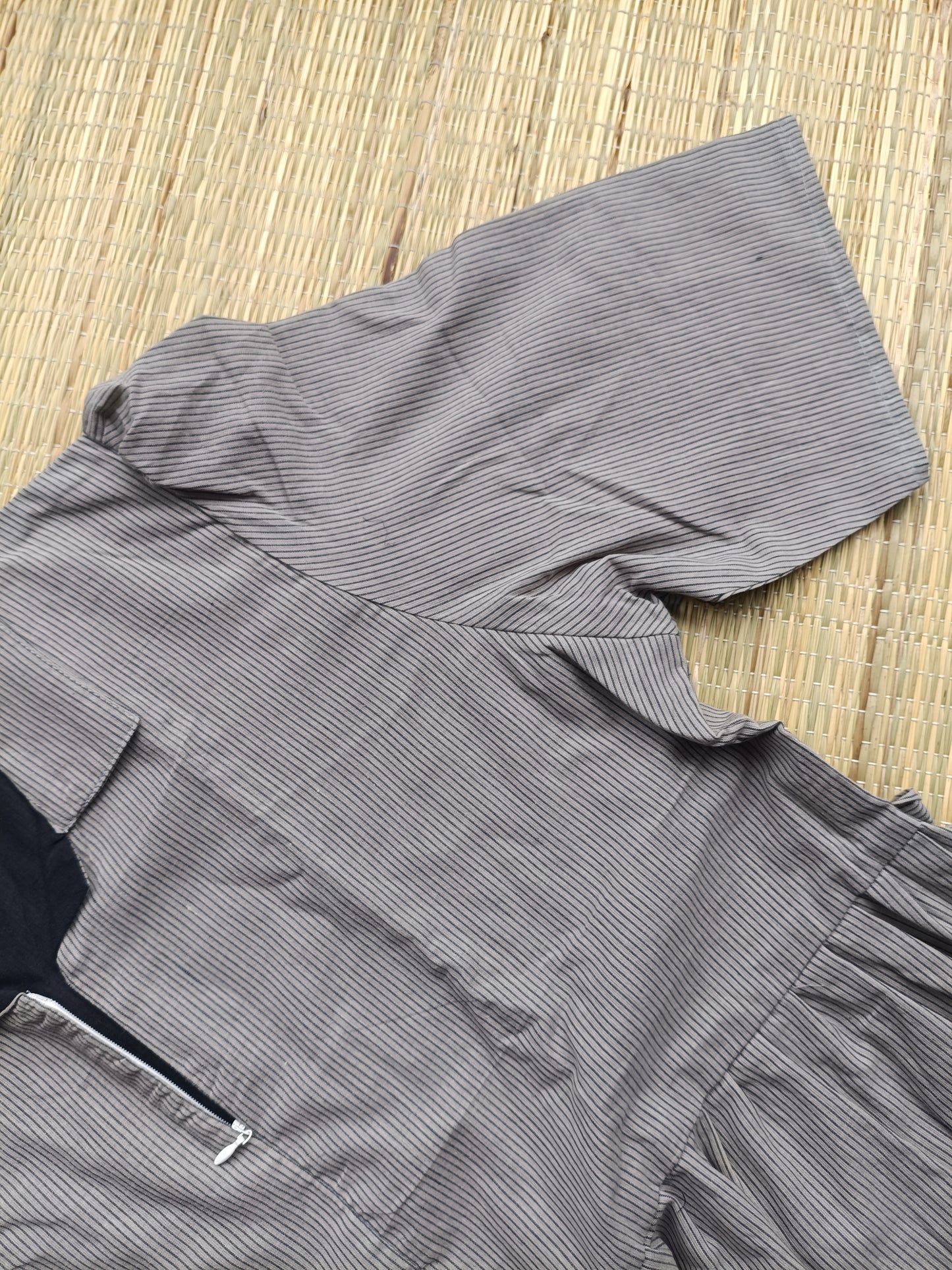 Prewashed handloom Cotton - Feeding/ Maternity Maxi/Gown - Cotton lining /Center zip -Collar Grey stripe