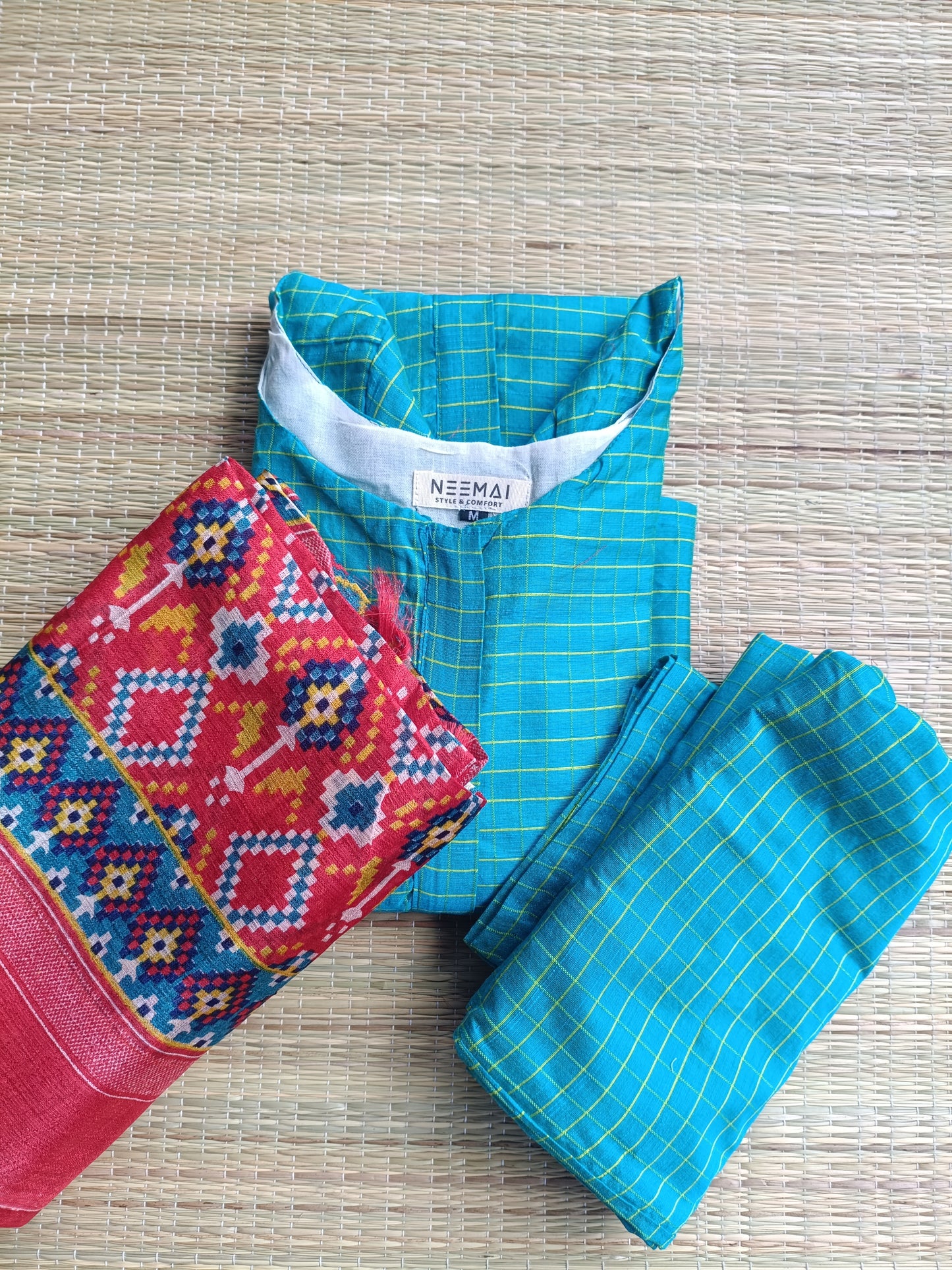 Raw silk /Maternity 3 pc chudidhar set [ Top with center zip, pant and dupatta] - Blue checks
